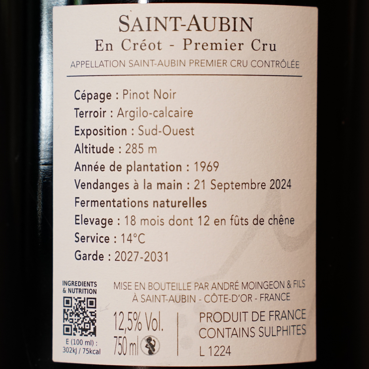 Saint-Aubin 1er Cru 'En Créot' Rouge 2024 - Domaine Moingeon